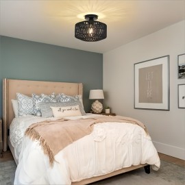 1pc Bohemian Style Semi-Flush Mount Ceiling Light Fixture, Hand-Woven Rattan Shade, Modern Metal Framed, Energy-Efficient, Hard-Wired, E26 Medium Bulb Base, for Bedroom, Living Room, Kitchen, Hallway - No Light Source Included