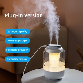 Multi-Functional Humidifier! Humidity Display shows real-time air humidity, visible water tank. 3 Mist Levels adjustable, dual mist nozzles + continuous fine mist quickly moisten space. Warm night light, 8-hour auto-shutoff for safety, Ultra-quiet.