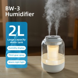 Multi-Functional Humidifier! Humidity Display shows real-time air humidity, visible water tank. 3 Mist Levels adjustable, dual mist nozzles + continuous fine mist quickly moisten space. Warm night light, 8-hour auto-shutoff for safety, Ultra-quiet.