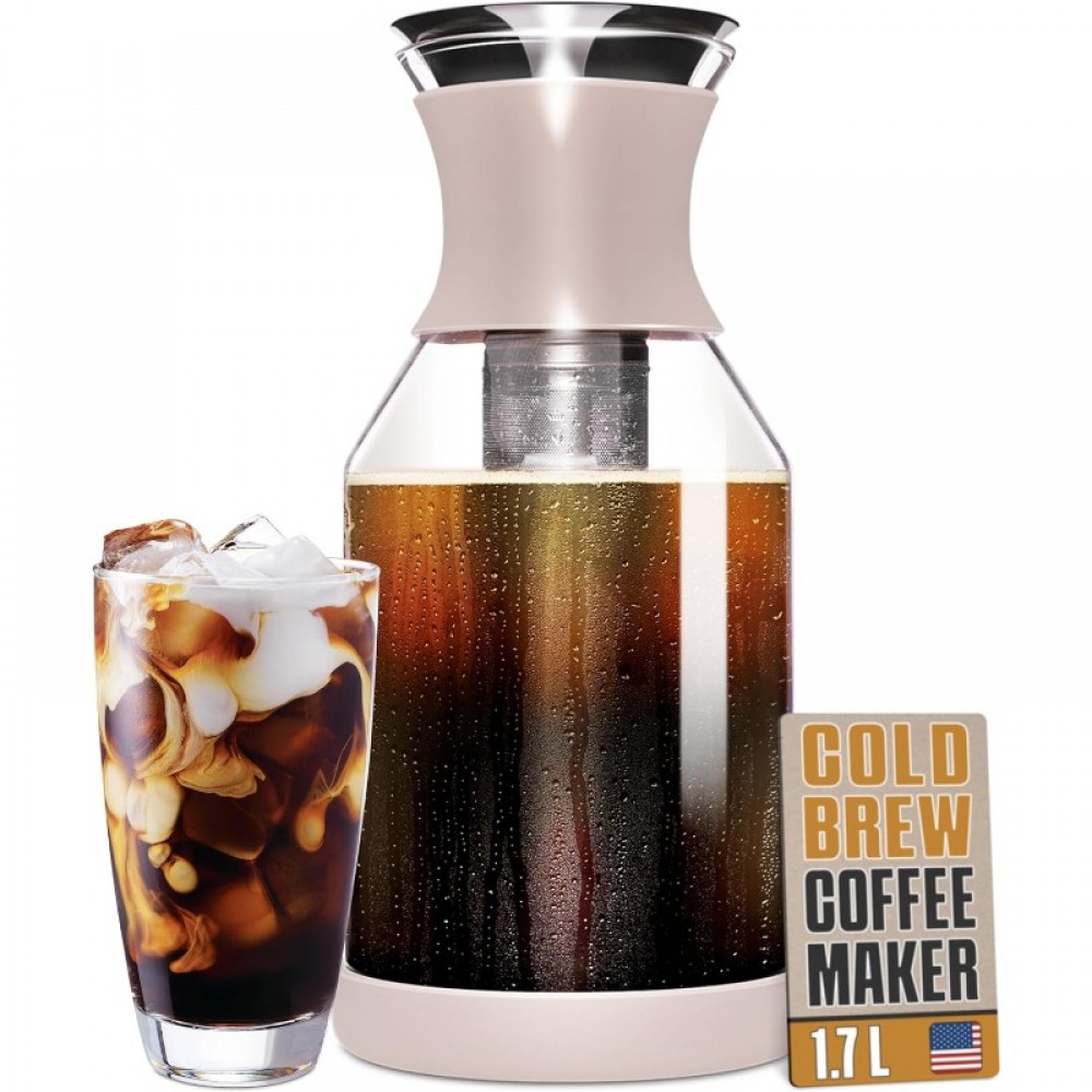 Cold Brew Coffee Maker and Glass Pitcher with Lid - 1.7 L Infused Iced Coffee Maker with Filter - Beige Perfect Iced Tea Pitcher and Glass Water Pitcher