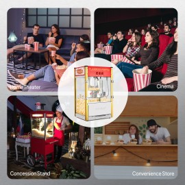 The popcorn machine is equipped with an 8-ounce water bottle and can make up to 32 cups. It is a commercial popcorn machine with a tabletop, featuring a stainless steel spoon, an oil spoon and 3 popcorn cups. It is suitable for home theaters and is black