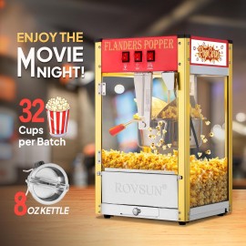 The popcorn machine is equipped with an 8-ounce water bottle and can make up to 32 cups. It is a commercial popcorn machine with a tabletop, featuring a stainless steel spoon, an oil spoon and 3 popcorn cups. It is suitable for home theaters and is black