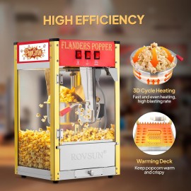 The popcorn machine is equipped with an 8-ounce water bottle and can make up to 32 cups. It is a commercial popcorn machine with a tabletop, featuring a stainless steel spoon, an oil spoon and 3 popcorn cups. It is suitable for home theaters and is black
